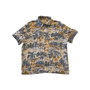 Island Shores Hawaiian Shirt Mens XXL Rayon Blue Tan Aloha Camp Shirt